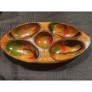 Vintage hand carved and painted wooden snack tray bowl dish tropical boho